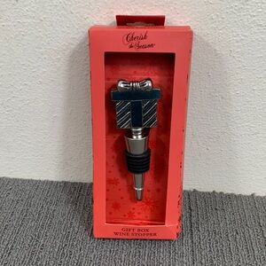 Gift Box Wine Bottle Stopper Silver Metal Present Christmas Cherish the Season